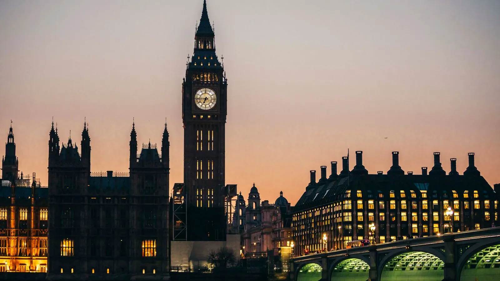 Stunning view of Big Ben and Westminster Bridge during twilight in London.