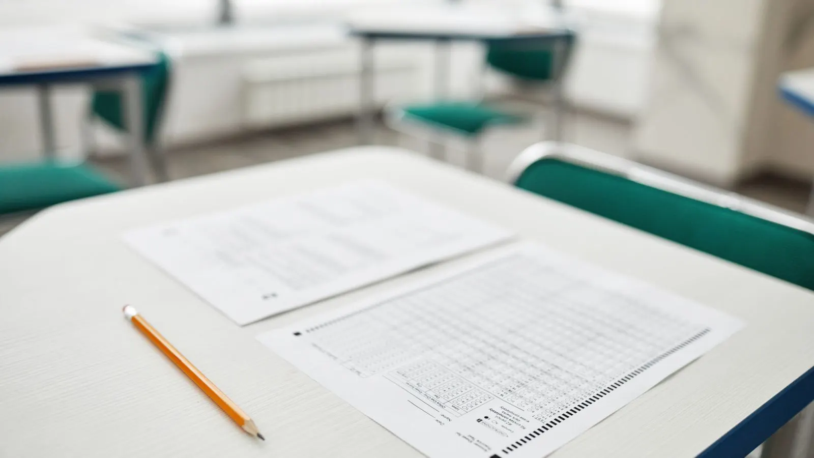 An exam paper and a pencil on a classroom desk
